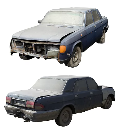 Old Damaged Blue Cars Front And Rear Views 3d model Old Damaged Blue Cars Front And Rear Views 3d model