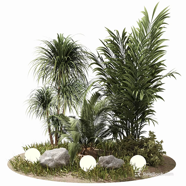Tall Tropical Trees With Lush Green Palms Surrounding Rocks And Decorative Lights 3d model 