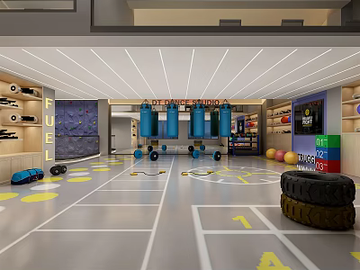 DT Fitness Studio Training Floor With Punching Bags Yellow Markers Tire And Dumbbells 3d model