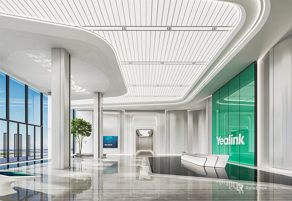 Modern Reception Area With Green Glass Wall Yealink Logo Curved Ceiling And Marble Floor 3d model 