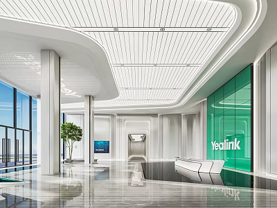 Modern Reception Area With Green Glass Wall Yealink Logo Curved Ceiling And Marble Floor 3d model
