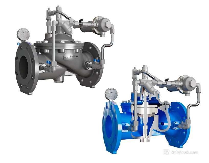 Industrial Valves With Gray And Blue Bodies Featuring Pressure Gauges And Piping 3d model 