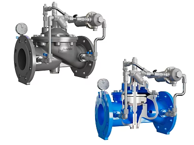 Industrial Valves With Gray And Blue Bodies Featuring Pressure Gauges And Piping 3d model