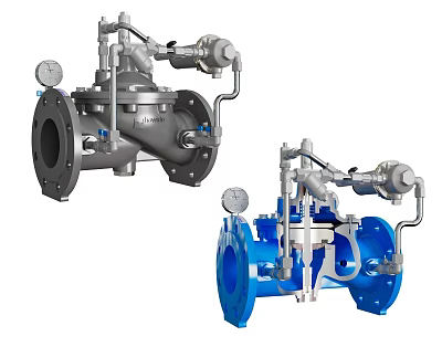 Industrial Valves With Gray And Blue Bodies Featuring Pressure Gauges And Piping 3d model