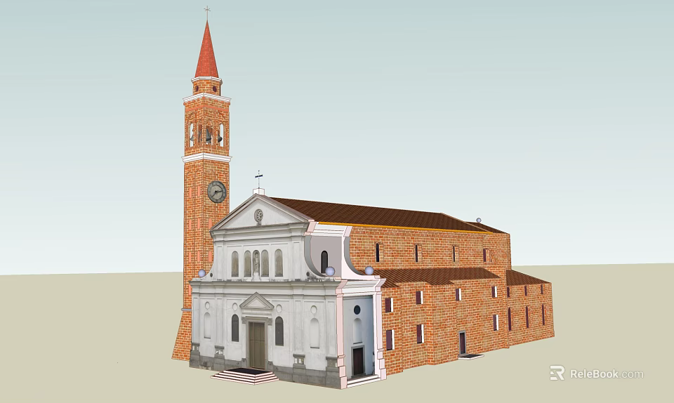 Historic Building Featuring Red Brick Bell Tower Spire And White Facade Structure 3d model 
