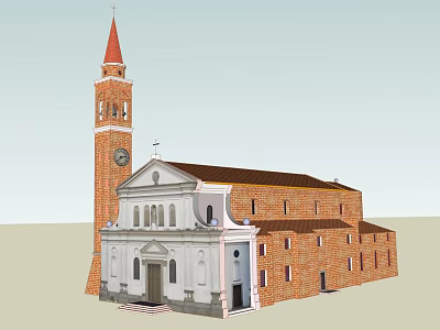 Historic Building Featuring Red Brick Bell Tower Spire And White Facade Structure 3d model