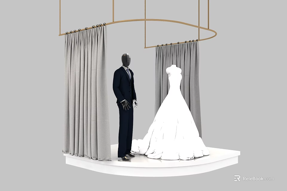 White Wedding Dress And Men's Suit On Mannequins With Gray Curtains And Golden Decor 3d model 