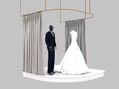 White Wedding Dress And Men's Suit On Mannequins With Gray Curtains And Golden Decor 3d model