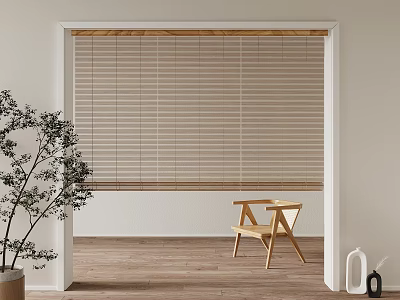 Cozy Interior With Natural Linen Blinds Wooden Floor Chair Plant And White Door Frame 3d model