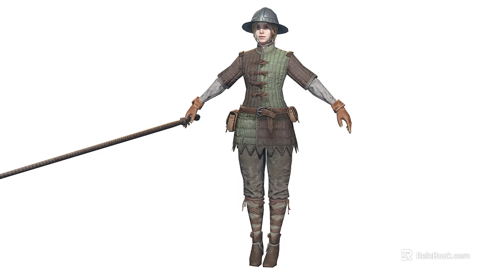 Medieval Adventurer Character With Long Staff Armor Gloves And Outfit For Creature Encounters 3d model 