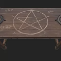 Wooden Ritual Table With Pentagram Symbol Metal Rings And Sturdy Legs