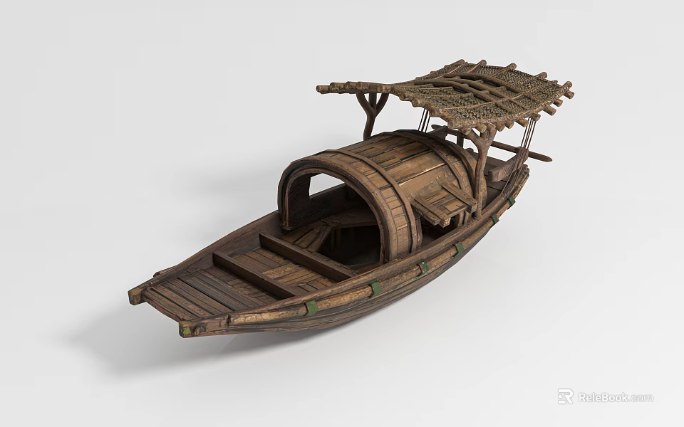 Traditional Wooden Boat With Bamboo Thatched Roof And Enclosed Cabin Structure 3d model 