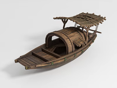 Traditional Wooden Boat With Bamboo Thatched Roof And Enclosed Cabin Structure 3d model