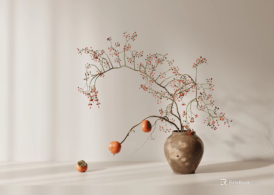 Minimalist Decorative Ceramic Vase With Red Berry Branches And Small Orange Fruits 3d model 
