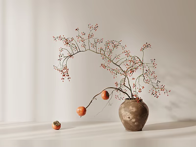 Minimalist Decorative Ceramic Vase With Red Berry Branches And Small Orange Fruits 3d model