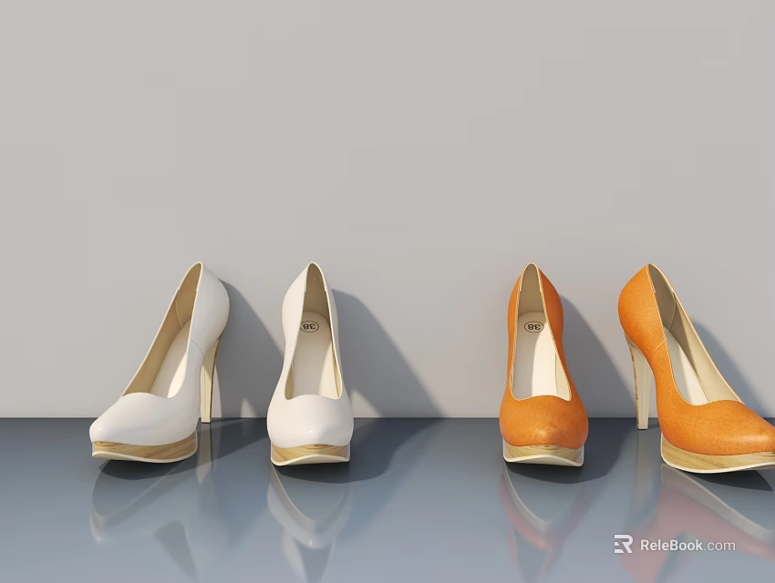 Stylish White And Orange High Heels Displayed On Gray Surface With Reflections 3d model 