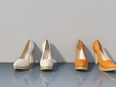 Stylish White And Orange High Heels Displayed On Gray Surface With Reflections 3d model