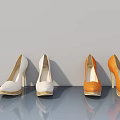 Stylish White And Orange High Heels Displayed On Gray Surface With Reflections