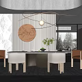 Elegant Modern Restaurant Interior With Round Table White Brown Chairs Decorative Painting And Pendant Light