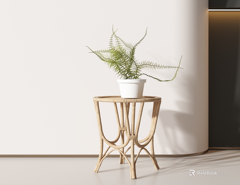Modern Wicker Side Table With White Planter And Green Fern Plant In Minimalist Interior Space 3d model 