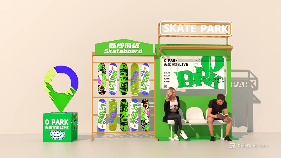 Vibrant Green O PARK Skate Park Featuring Skateboards Display And People Sitting 3d model 