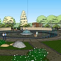 Scenic Park Landscape With Circular Fountain Surrounding Trees Stone Benches And People