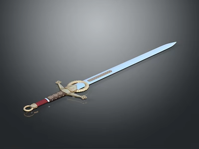 Stunning Decorative Sword with Blue Blade Red Hilt and Golden Circular Guard 3d model