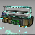 Multi Layered Futuristic Tech Component With Glowing Light Strips Shelves Pipes And Green Data Screen