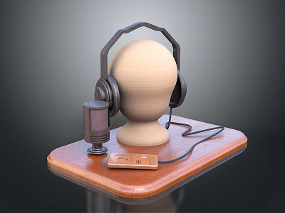 Headphones and Microphone Electronic Device on Mannequin Head Display with Wooden Base 3d model