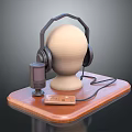 Headphones and Microphone Electronic Device on Mannequin Head Display with Wooden Base