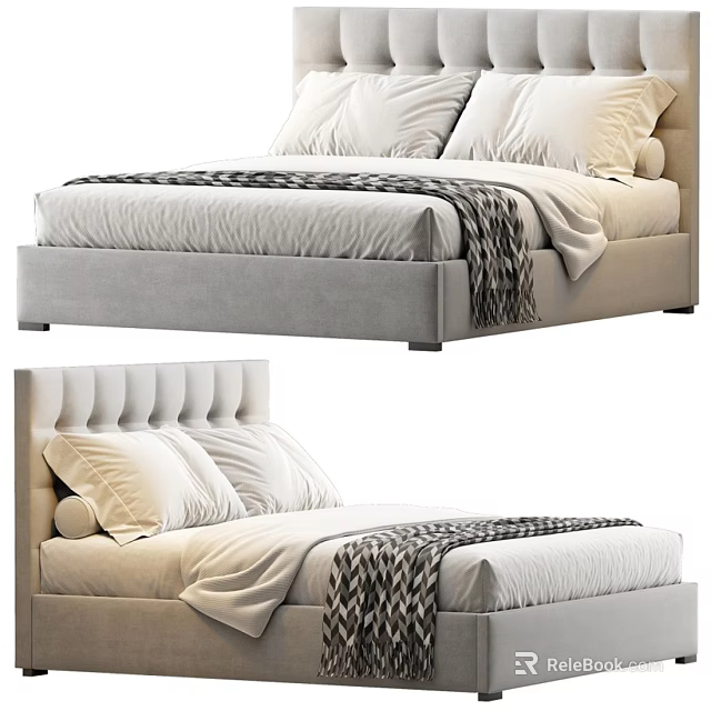 Modern Double Bed With Tufted Headboard Soft Pillows And Patterned Throw Blanket 3d model