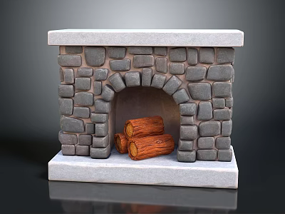 Stone Fireplace with Gray Stone Construction Arched Opening and Logs on White Base 3d model