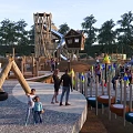 Outdoor Playground With Wooden Structures Slide Climbing Frame And Tree House For Kids Playing
