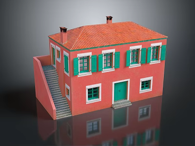 Residential Building With Red Exterior Green Shutters Red Roof Tiles Green Door And Staircase 3d model