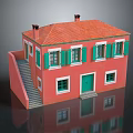 Residential Building With Red Exterior Green Shutters Red Roof Tiles Green Door And Staircase