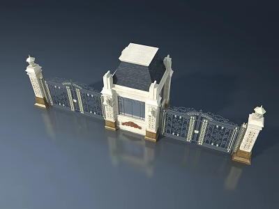 Stunning Wrought Iron Swing Door With Ornate Pillars And Decorative Roof Structure 3d model