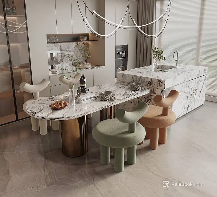 Modern Kitchen Interior With Marble Island Table And Light Green Brown Stools 3d model 