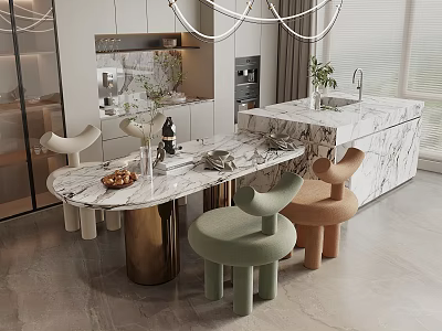 Modern Kitchen Interior With Marble Island Table And Light Green Brown Stools 3d model