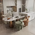 Modern Kitchen Interior With Marble Island Table And Light Green Brown Stools 3d model