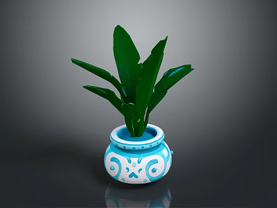 Green Leafy Plant In Blue And White Patterned Ceramic Pot With Fresh Leaves 3d model