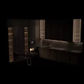 Elegant Modern Kitchen Interior Featuring Wooden Cabinets Marble Countertop And Ambient Lighting