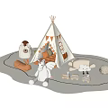 Stuffed Dolls With White Winged Unicorn And Small Sheep Around Tepee Tent On White Carpet