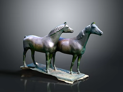 Two Bronze Horse Statues Standing On A Base With Dark Background 3d model
