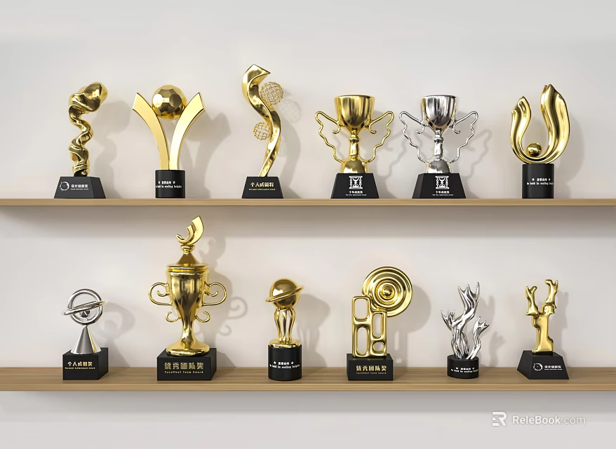 Trophies and Medals Display with Various Gold Silver Designs on Wooden Shelves 3d model 