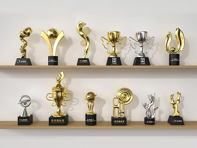 Trophies and Medals Display with Various Gold Silver Designs on Wooden Shelves 3d model