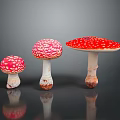 Three Red Mushrooms With White Spots In Different Sizes On Dark Surface 3d model