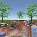 Tranquil Park Landscape With Lush Green Trees Curved Wooden Walkway And Rest Benches