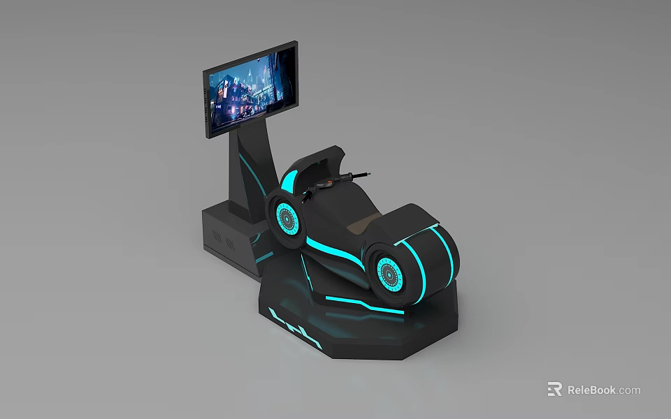 Modern VR Racing Simulator With Racing Seat Steering Wheel And Blue Neon Lights 3d model 