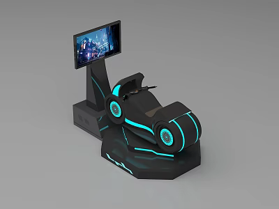 Modern VR Racing Simulator With Racing Seat Steering Wheel And Blue Neon Lights 3d model