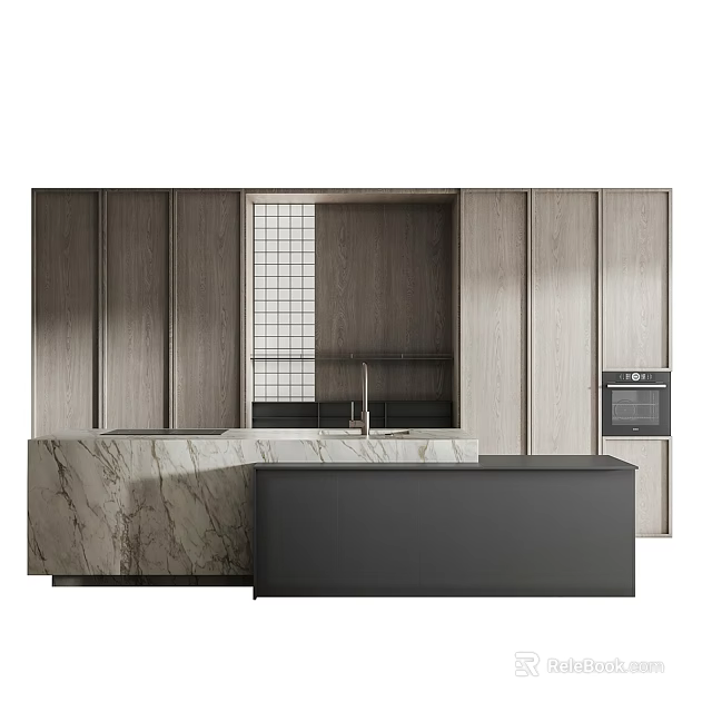 Modern Kitchen Interior With Wooden Cabinets Marble Countertop Sink And Oven 3d model 